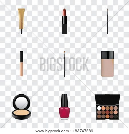 Realistic Concealer, Blusher, Multicolored Palette And Other Vector Elements. Set Of Cosmetics Realistic Symbols Also Includes Brow, Brush, Nail Objects.