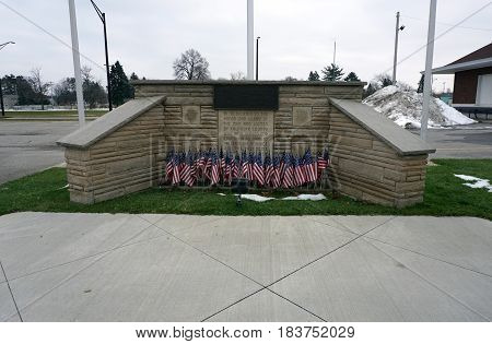 KALKASKA, MICHIGAN / UNITED STATES - NOVEMBER 27, 2016: The Veterans' Memorial in downtown Kalkaska honors war veterans from Kalkaska County.