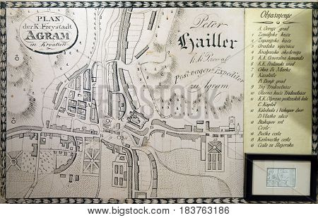 ZAGREB, CROATIA - FEBRUARY 15: Map of the free royal city of Zagreb from 1817, Zagreb, on February 15, 2015.