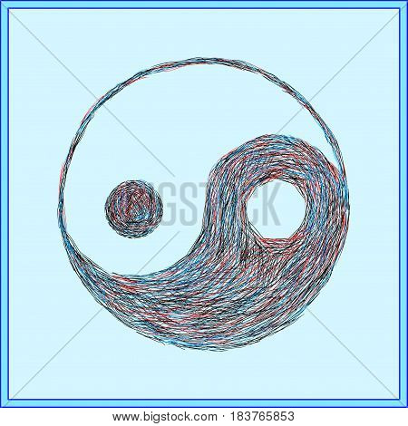 The symbol of Yin-Yang, painted black, blue and red lines on a light blue background.