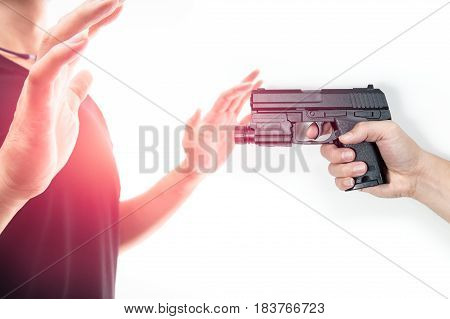 Robber With A Gun Robbing Intimidate A Man Surrender. Isolated White Background. Bandit Steals From