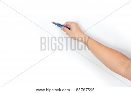 Male hand hold Small Knife Cutter Tool isolated on white.