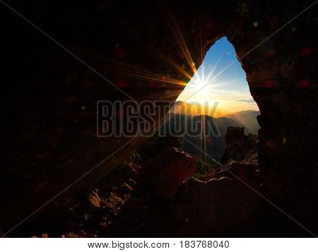 Panoramic view at sunset from Roque Nublo peak on Gran Canaria Island, Spain         