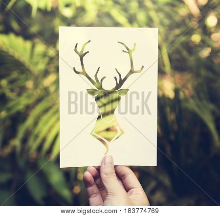 Hand Hold Deer with Antlers Paper Carving with Nature
