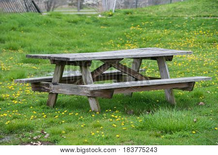 Picnic wooden table with benches in picnick and bbq family area in the park.