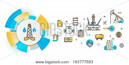 Flat line vector design concept of oil and gas production industry process petroleum product extraction valving well pump banner for website header and landing page in circles digital element