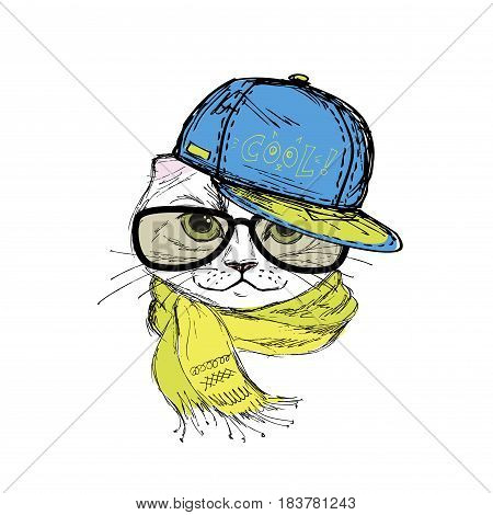 Funny fashion cat in a cap, scarf and glasses. Hand drawn.Vector illustration