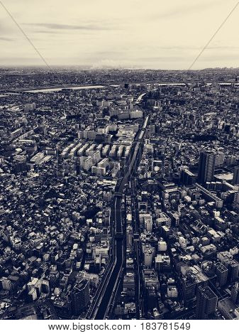 Birdseye view of city from top