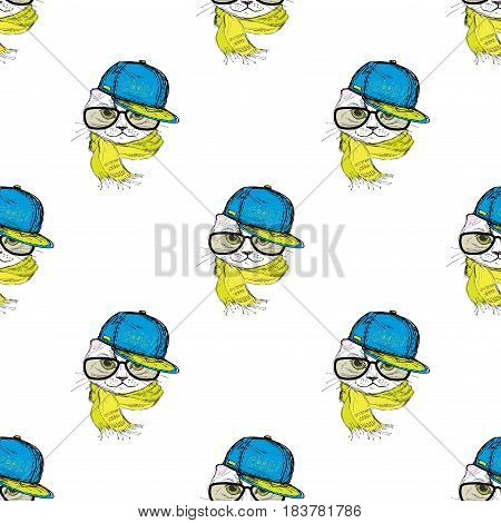 Seamless pattern Funny fashion cat in a cap, scarf and glasses. Hand drawn.Vector illustration