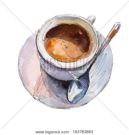 The coffee cup isolated on white background watercolor illustration in hand-drawn style.