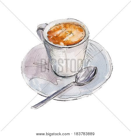 The coffee cup isolated on white background watercolor illustration in hand-drawn style.