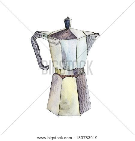 The coffee maker isolated on white background watercolor illustration in hand-drawn style.