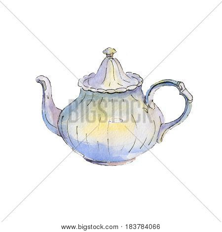 The classic teapot isolated on white background watercolor illustration in hand-drawn style.