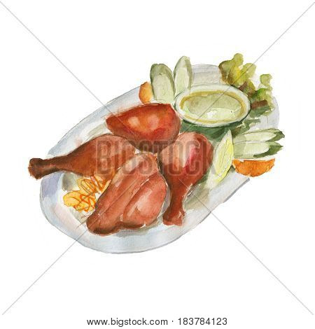 The chicken biryani dish isolated on white background watercolor illustration in hand-drawn style.
