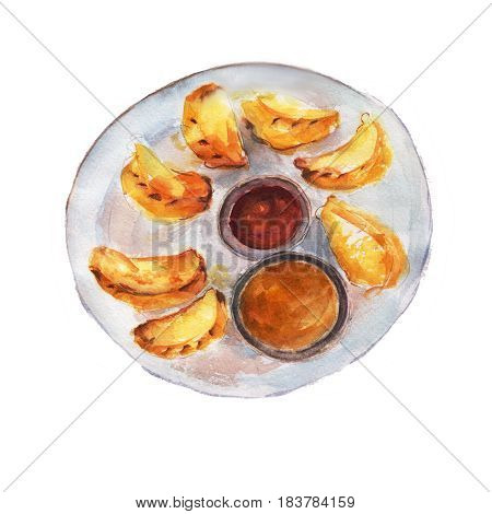 The national dish momos isolated on white background watercolor illustration in hand-drawn style.