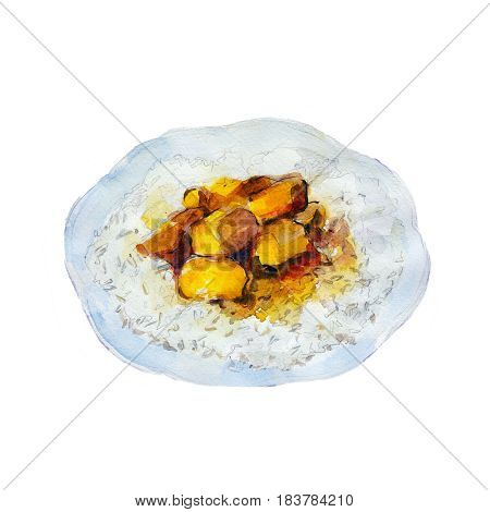 The national dish rice with curry isolated on white background watercolor illustration in hand-drawn style.