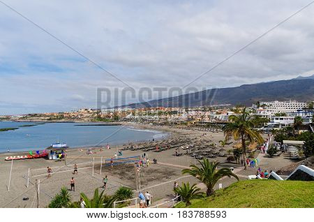 Beautiful coastal view of El Duque beach in Costa Adeje Tenerife Canary islands Spain.
