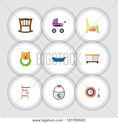 Flat Baby Set Of Infant Cot, Rattle, Baby Plate And Other Vector Objects. Also Includes Children, Bear, Playpen Elements.