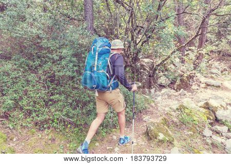 Hiking in famous Lycian Way in the Turkey. Backpacker in the trail.