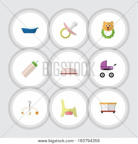 Flat Kid Set Of Nipple, Tissue, Stroller And Other Vector Objects. Also Includes Napkin, Playpen, Beanbag Elements.