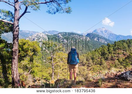 Hiking in famous Lycian Way in the Turkey. Backpacker in the trail.