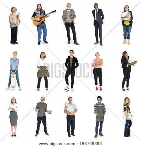 Various of occupation job people full body set standing with smiling on background