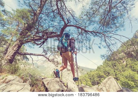 Hiking in famous Lycian Way in the Turkey. Backpacker in the trail.