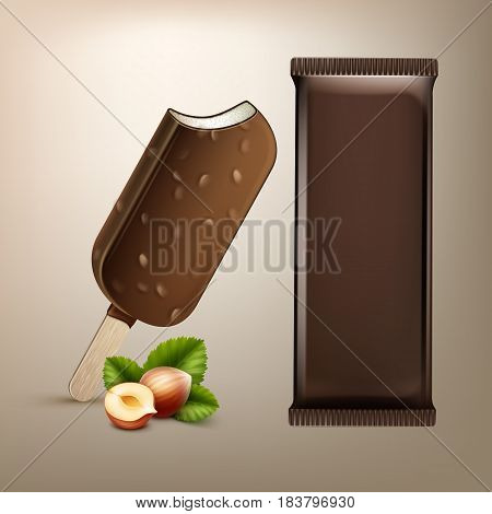 Vector Classic Popsicle Choc-ice Lollipop Ice Cream in Chocolate Glaze with Nuts on Stick with Brown Plastic Foil Wrapper and Hazelnuts for Branding Package Design Close up Isolated on Background