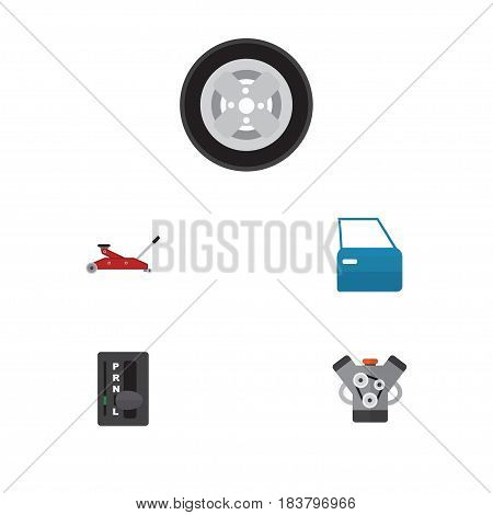 Flat Auto Set Of Automobile Part, Lifting, Automatic Transmission And Other Vector Objects. Also Includes Engine, Motor, Wheel Elements.
