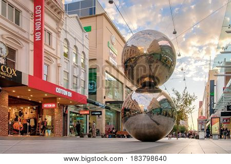 Adelaide Australia - April 05 2017: Rundle Mall and famous balls in Adelaide CBD at sunset. Rundle Mall attracts a lot of tourists severy year