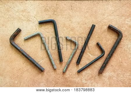 Close up set of old hexagon allen keys
