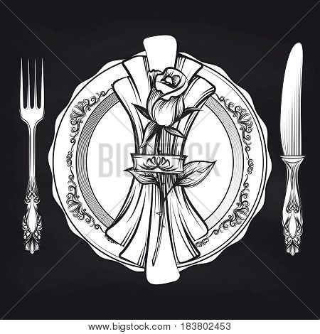 Elegance romantic table setting with plate, fork, knife, napkin, rose on blackboard. Vector illustration