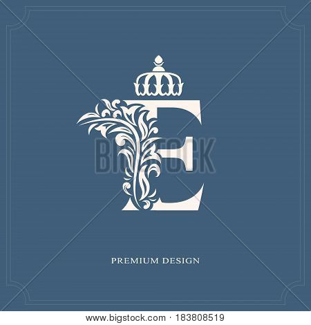 Vector illustration of Elegant letter E with a crown. Graceful royal style. Calligraphic beautiful logo. Vintage drawn emblem for book design brand name business card Restaurant Boutique Hotel.
