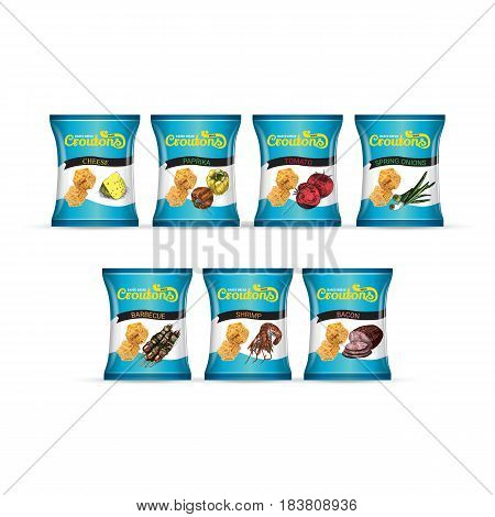 Crispy croutons package. Vector realistic illustration croutons in pack.