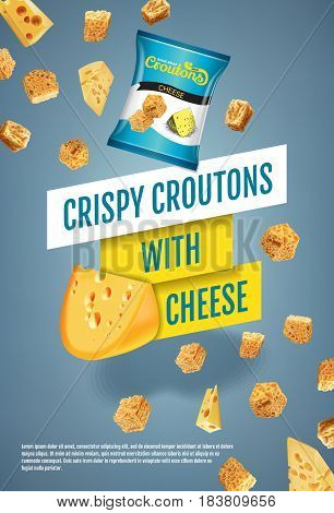 Crispy croutons ads. Vector realistic illustration of croutons with cheese. Vertical poster with product.