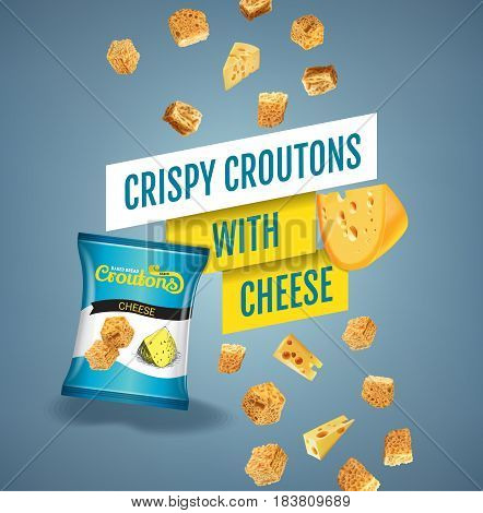 Crispy croutons ads. Vector realistic illustration of croutons with cheese. Poster with product.