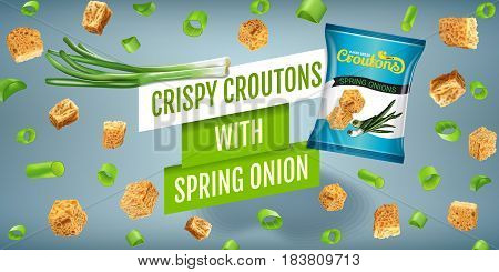 Crispy croutons ads. Vector realistic illustration of croutons with spring onion. Horisontal banner with product.