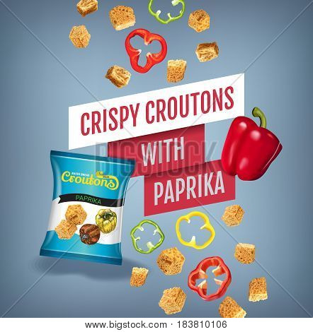 Crispy croutons ads. Vector realistic illustration of croutons with paprika. Poster with product.