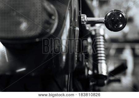 Every detail in its place. Vintage fine attractive vehicle getting ready for a trip and being maintained at repair shop