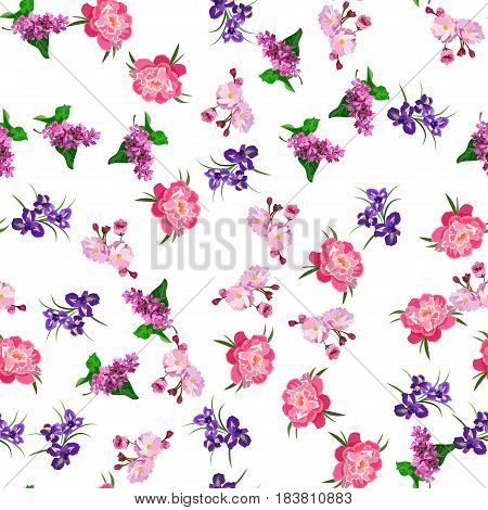 Very high quality original trendy vector seamless pattern with blooming lilac, peony and iris flower. Spring or summer design