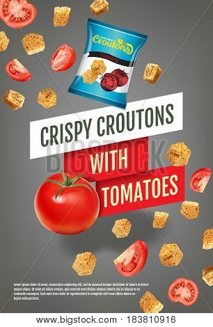 Crispy croutons ads. Vector realistic illustration of croutons with tomato. Vertical poster with product.