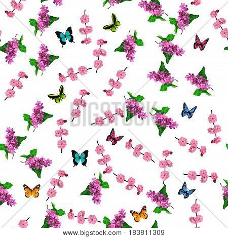 Very high quality original trendy vector seamless pattern with blooming lilac and plum flower. Spring or summer design