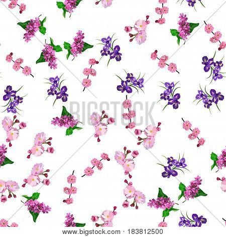 Very high quality original trendy vector seamless pattern with blooming lilac, plum and iris flower. Spring or summer design