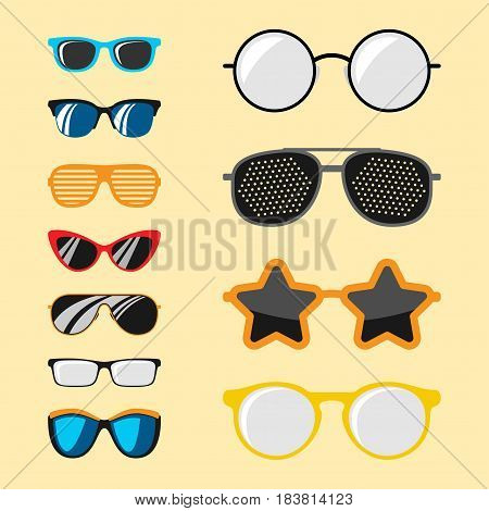 Fashion set sunglasses design retro accessory sun optical view object and spectacles vintage plastic frame modern eyeglasses vector illustration. Elegance summer sight shape classic reflection wear.