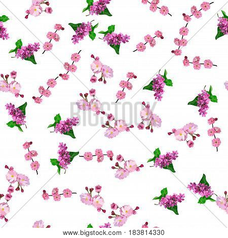 Very high quality original trendy vector seamless pattern with blooming lilac and plum flower. Spring or summer design
