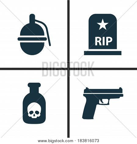 Army Icons Set. Collection Of Rip, Weapons, Bombshell And Other Elements. Also Includes Symbols Such As Danger, Nuclear, Tomb.