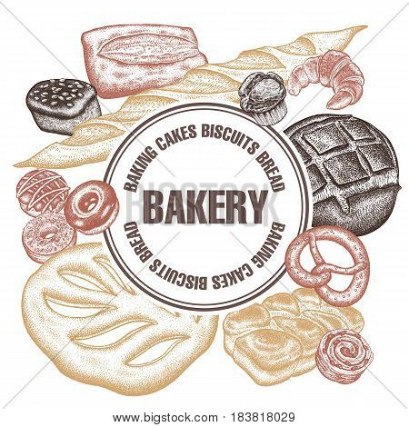 Frame of bakery products with space for text. Hand drawing. Variety of breads. Buns rye bread French baguettes donuts croissant pretzel. Vector illustration. Food design for confectionery bakery