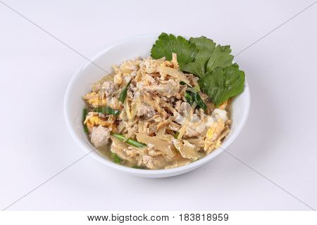 Fried Egg And  Ginger With Minced Pork In Soup.
