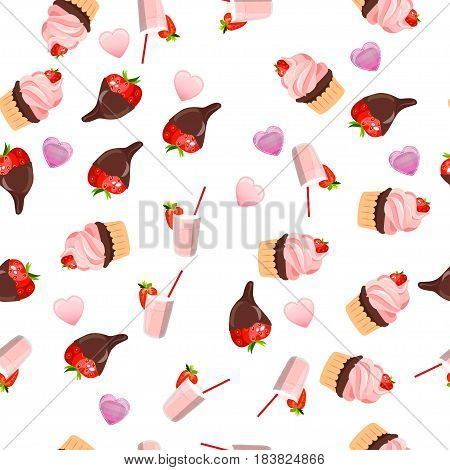 Very high quality original trendy vector seamless pattern with a strawberry chocolate pancake and milkshake