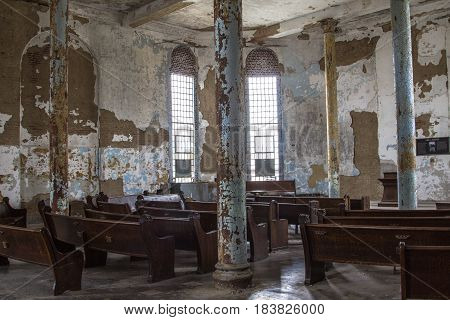 Mansfield, Ohio, USA - April 18, 2017: Abandoned chapel at the Ohio State Reformatory Prison, The prison closed in 1990 and is now a reportedly haunted tourist destination open to the public